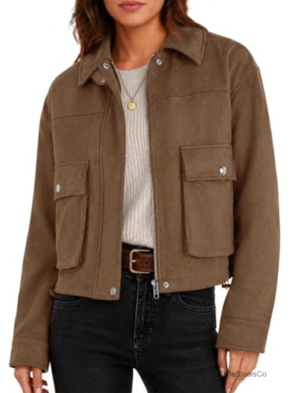 Womens Faux Suede Bomber Jacket Cropped Zip Up Casual